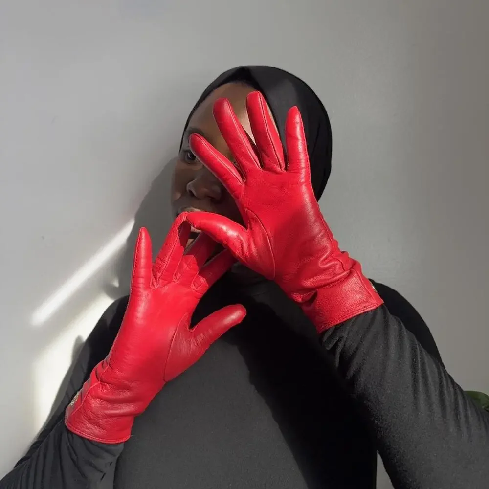 Vintage Adrienne Vittadini Cherry Red Leather Gloves Cashmere‎ Wool Lined size M